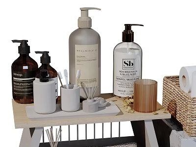 Modern Bathroom Small Items With Soap Dispensers Toothbrush Holders Tray Wicker Basket And Toilet Paper 3d model
