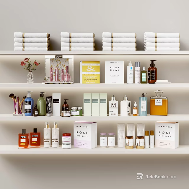 Elegant Perfume And Cosmetic Display Shelves With Various Bottles And Boxes 3d model 