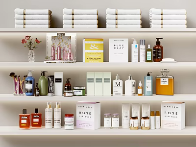 Elegant Perfume And Cosmetic Display Shelves With Various Bottles And Boxes 3d model