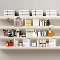 Elegant Perfume And Cosmetic Display Shelves With Various Bottles And Boxes