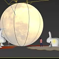 Giant Moon Art Installation In Outdoor Plaza With Rabbit Sculptures And Visitors
