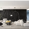 Modern Living Room Interior With Black Stone Wall White Sofas And Arched Floor Lamp 3d model