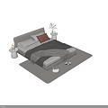 Modern Minimalist Double Bed With Light Fabric Pillows Blanket Bedside Tables Lamp Plant And Rug