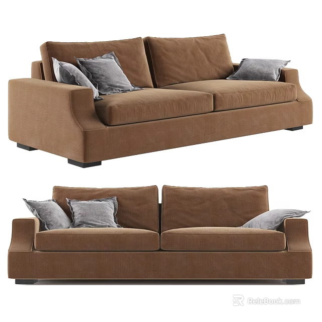 Modern Brown Fabric Two Seater Sofa With Gray Decorative Cushions 3d model