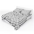 White Frame Double Bed With Beige Pillows And Stripe Patterned Quilt 3d model