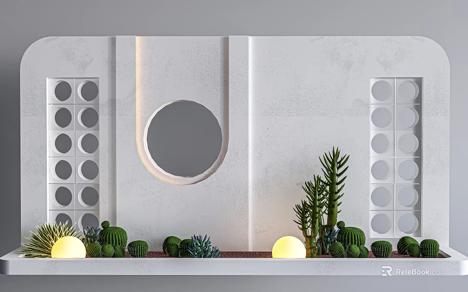 Modern White Feature Wall With Vertical Circular Patterns Geometric Design Green Plants And Circular Lights 3d model