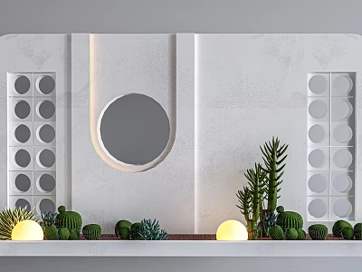 Modern White Feature Wall With Vertical Circular Patterns Geometric Design Green Plants And Circular Lights 3d model