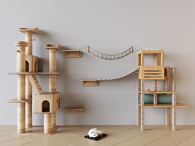 Wooden Multi level Cat Tree With Platforms Rope Bridge Scratching Posts And Cat Bed 3d model