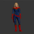 Female Superhero With Blonde Hair In Blue Costume Red Gloves Red Boots And Red Cape
