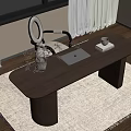 Modern Wooden Desk with Laptop Mirror Lamp Cup And Vase On Area Rug