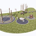 Outdoor Sports Equipment Featuring Circular Rotating Structures And Pole Seating Areas