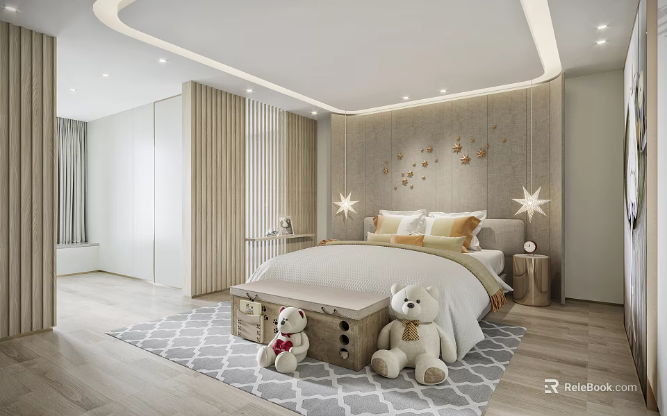 Kids Bedroom Interior With Two Teddy Bears Wooden Bench And Star Shaped Wall Decor 3d model 