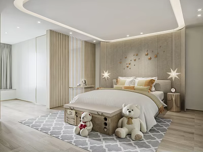Kids Bedroom Interior With Two Teddy Bears Wooden Bench And Star Shaped Wall Decor 3d model