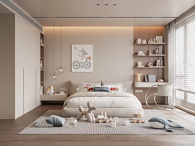 Cozy Kids Bedroom With White Bed Stuffed Toys Bookshelf And Striped Rug 3d model