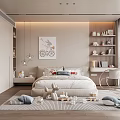 Cozy Kids Bedroom With White Bed Stuffed Toys Bookshelf And Striped Rug
