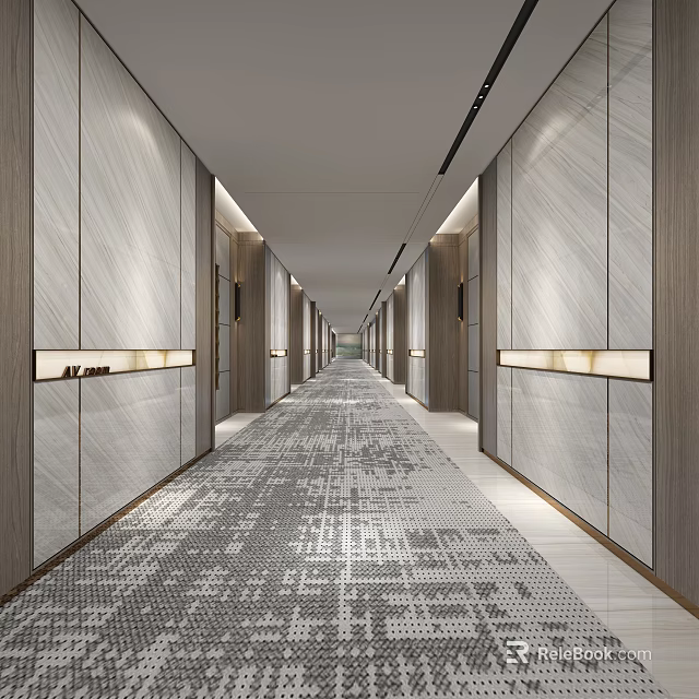 Elegant Luxury Hotel Corridor With Wooden Panel Walls Patterned Carpet And Recessed Lighting 3d model 