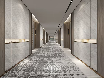 Elegant Luxury Hotel Corridor With Wooden Panel Walls Patterned Carpet And Recessed Lighting 3d model