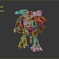 Detailed Red and Yellow Mechanical Robot Warrior with Weapons and Armor in Standing Position