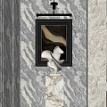 Elegant Entryway Interior Design With Marble Wall Framed Abstract Painting And White Sculpture On Pedestal