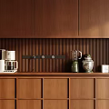 Wooden Sideboard With Vertical Slat Back Panel Coffee Machine Blender And Canisters