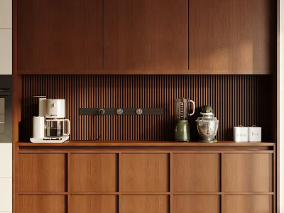 Wooden Sideboard With Vertical Slat Back Panel Coffee Machine Blender And Canisters 3d model