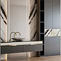 Modern Elegant Bathroom Vanity With Marble Walls Gold Faucet And Dark Cabinets