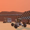 Cartoon Scenic Martian Base Desert Landscape With Vehicles Solar Panels Circular Tracks And Rocky Terrain