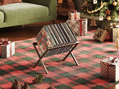 Cozy Living Room Decor With Green Sofa Christmas Gifts Plaid Rug And Magazine Rack 3d model