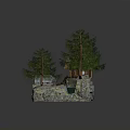 Cartoon Scene of Cozy Forest Cabin with Green Roof Pine Trees Wooden Bridge and Pond