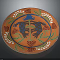 Ceramic Decorative Plate With Orange Background Blue Floral Design Red Strawberry Green Leaf White Dots