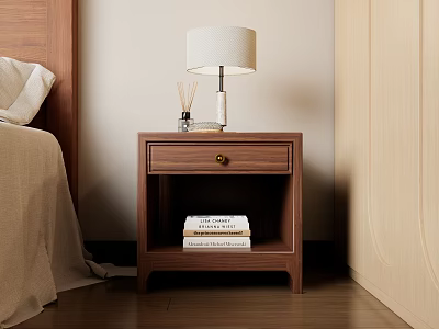 Modern Wooden Nightstand with Drawer in Bedroom Interior With White Lampshade Lamp and Stacked Books 3d model