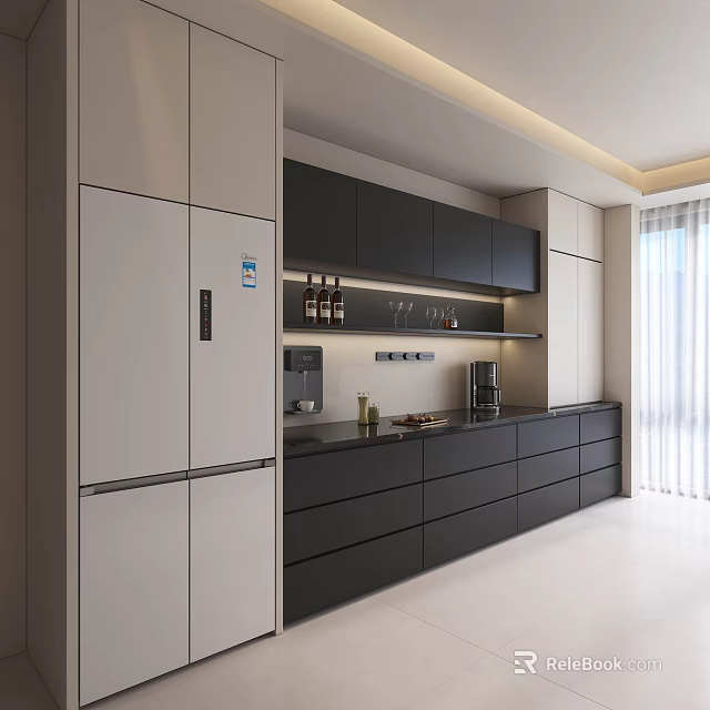 Modern Kitchen Sideboard With Dark Cabinets Spacious Countertop And Storage 3d model