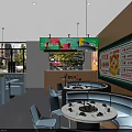 Bright Modern Restaurant With Open Layout Tables Chairs Hanging Lights Green Plants And Menu Boards