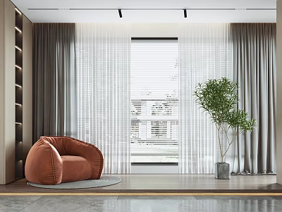 Gray Curtains And White Sheer In Modern Minimalist Living Room With Brown Armchair Green Plant 3d model