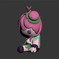 Cute Cartoon Character with Pink Hair Green Leaf Accents White Flower and Purple Pants Design