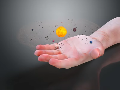 Decorative Ornament Set Featuring Solar System Sun Planets and Small Particles on Hand 3d model