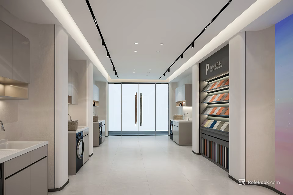 Modern PULSE Showroom Interior With Display Shelves Counter Washing Machine And Lighting 3d model 