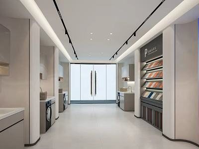 Modern PULSE Showroom Interior With Display Shelves Counter Washing Machine And Lighting 3d model