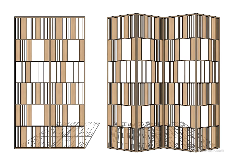 Modern Folding Wooden Screen Featuring Vertical Slats And Openwork Patterns In Interior Decor 3d model