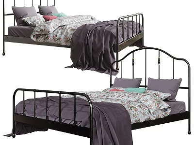 Double Bed With Metal Frame Floral Bed Sheets Gray And Green Pillows Purple Blanket 3d model