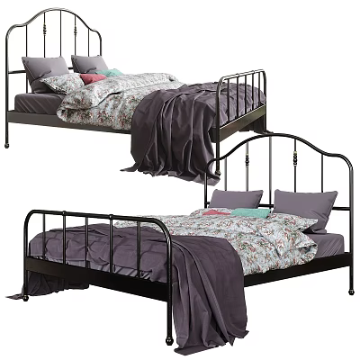 Double Bed With Metal Frame Floral Bed Sheets Gray And Green Pillows Purple Blanket 3d model