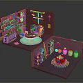 Witchs Room Interior With Pink Brick Walls Round Window Purple Armchairs Bookshelf Ladder And Cauldron