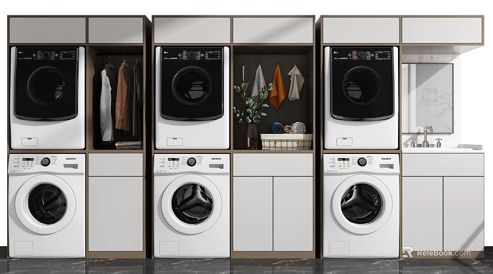 Modern Bathroom Cabinet Rack With Washer Hanging Space Potted Plant And White Wooden Frame 3d model 