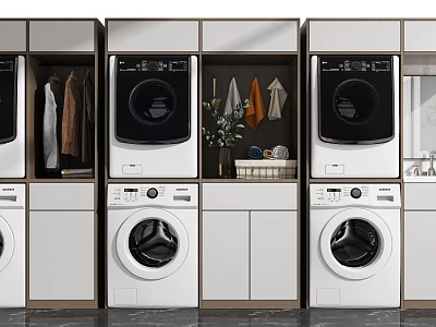 Modern Bathroom Cabinet Rack With Washer Hanging Space Potted Plant And White Wooden Frame 3d model