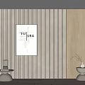 Modern Interior Featuring Vertical Striped Wall FUTURA Poster And Wooden Decorative Objects