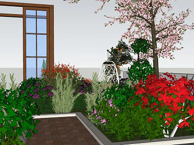 Vibrant Roof Garden Design With Red Purple Flowers Cherry Trees And Pathway 3d model