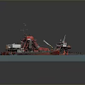 Detailed Red Dredger Model Showcased On Blue Water Platform With Machinery