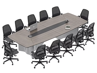 Modern Rectangular Wooden Conference Table With Black Office Chairs And Laptop 3d model