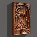 Traditional Chinese Wood Carving Sculpture with Bamboo Figures And Pavilion Design On Square Wooden Panel