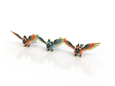 Three Colorful Bird Figurines With Red Blue Yellow Wings Standing On White Background 3d model